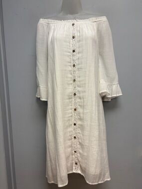 NAIF White Gauze Boho Dress Ruffle Sleeve Button Front Cottagecore XL